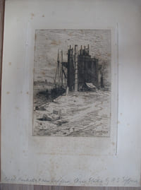 Two etchings : 1) Dunes. Leaf : 23,3 x 30,9 cm, plate : 11 x 20 cm.- 2) Coal Pockets at New Bedford. Leaf : 31,1 x 23,1 cm, plate : 21,5 x 15 cm. Both signed in the plate : R. Swain Gifford 79.