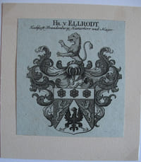 Hr. v. Ellrodt. Wappen. Ohne Jahr (18. Jh.). Kupferstich auf bläulichen Papier. 7,7 x 7,2 cm. Auf Karton montiert.