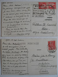 Deux cartes postales écrites à Madame Gilm de Rosenegg, datées du 16 avril et du 13 septembre 1933. Remerciements pour des renseignements précieux fournis par Madame de Gilm. 