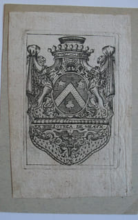 Ex-libris de Jean-Etienne de Meaux. Inscription : Ex Biblioteca De Meaux. Gravure sur cuivre. Feuille : 11,2 x 7,5 cm. Gravure : 8,2 x 5,7 cm. Monté sur un carton.