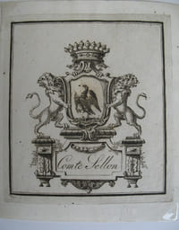 Ex-libris Comte Sellon. Ex-libris héraldique. Gravure sur cuivre. 18e s. Feuille : 10,5 x 8,6 cm. Plaque : 9 x 8 cm.