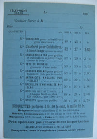 Carte de commande, imprimée sur carton bleu avec adresse et prix. Environ 1900.