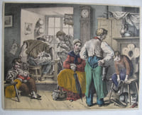 Sieben altkolorierte Lithographien mit Berufsdarstellungen : Schuhmacher, Schneider, Gärtner, Schlosser, Böttcher, Sattler, Stellmacher.  - Sept lithographies en couleurs : cordonnier, tailleur, jardinier, serrurier, tonnelier, sellier, charron. 