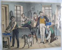 Sieben altkolorierte Lithographien mit Berufsdarstellungen : Schuhmacher, Schneider, Gärtner, Schlosser, Böttcher, Sattler, Stellmacher.  - Sept lithographies en couleurs : cordonnier, tailleur, jardinier, serrurier, tonnelier, sellier, charron. 