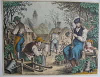 Sieben altkolorierte Lithographien mit Berufsdarstellungen : Schuhmacher, Schneider, Gärtner, Schlosser, Böttcher, Sattler, Stellmacher.  - Sept lithographies en couleurs : cordonnier, tailleur, jardinier, serrurier, tonnelier, sellier, charron. 