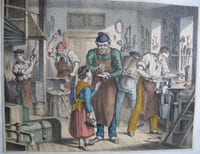 Sieben altkolorierte Lithographien mit Berufsdarstellungen : Schuhmacher, Schneider, Gärtner, Schlosser, Böttcher, Sattler, Stellmacher.  - Sept lithographies en couleurs : cordonnier, tailleur, jardinier, serrurier, tonnelier, sellier, charron. 