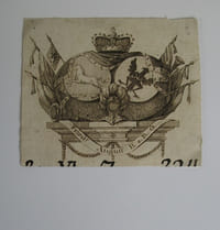 Heraldisches Exlibris Friedrich August von Braunschweig-Lüneburg- Oels (1740 - 1805), Prinz von Braunschweig-Wolfenbüttel, preussischer General. Kupferstich Ende 18. Jahrhundert. 7,2 x 8,5 cm. Leichte Ablösespuren.