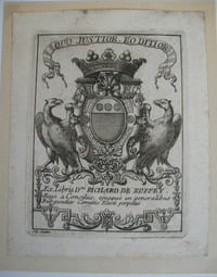 Ex Libris Dni. Richard de Ruffey, Regi a Consiliis, ejusque in generalibus Burgundioe Comitiis Electi perpetui. Ex libris armorié gravé sur cuivre signé JB. Scotin. 18e siècle. 12 x 9,5 cm. Bandeau : "Quo justior. eo dittior". Gilles Germain Richard de Ruffey (1706 - 1794), président de la chambre des comptes de Bourgogne, homme de lettres et de culture, ami de Voltaire, Charles de Brosses et Buffon.
