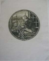 Kreisförmiges Exlibris. Devise : Ca ira. Gravure (Xylographie, Lithographie ?) signiert R. Münger 1911. Durchmesser : 6,5 cm. Berufs-Darstellung : Schneider. Rudolf Münger (1862 - 1929), Berner Maler , Grafiker und Illustrator.