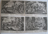 [Zeitalter]. 1. Seculum Aureum. Die Güldene Zeit. 2. Seculum Argentum. Die Siberne Zeit. 3. Seculum Aeneum. Die Eherne Zeit. 4. Seculum Ferreum. Die Eiserne Zeit. 4 numerierte mit schwarzer Linie umrandete Kupferstiche mit lateinischen Doppel-Distichon (unten links), Titel (unten Mitte) und deutschen Vierzeiler (unten rechts). 