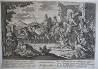 [Zeitalter]. 1. Seculum Aureum. Die Güldene Zeit. 2. Seculum Argentum. Die Siberne Zeit. 3. Seculum Aeneum. Die Eherne Zeit. 4. Seculum Ferreum. Die Eiserne Zeit. 4 numerierte mit schwarzer Linie umrandete Kupferstiche mit lateinischen Doppel-Distichon (unten links), Titel (unten Mitte) und deutschen Vierzeiler (unten rechts). 