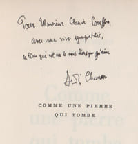 COMME UNE PIERRE QUI TOMBE (roman). EO N°1
[Envoi de l'auteur à l'universitaire Claude Couffon]