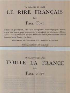 TOUTE LA FRANCE.
[Envois de Paul Fort au relieur Georges Cretté]. FORT (Paul)
