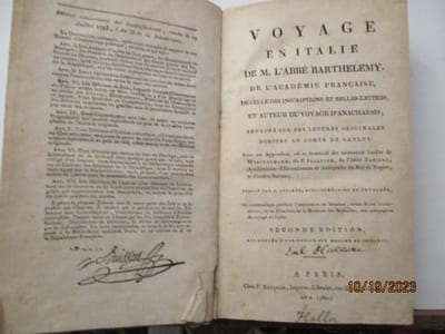 Voyage en Italie de M. l'abbé Barthelemy de l'Académie Française, de celle des Inscriptions et Belles MLettreset auteur du voyage d'anarcharsis,imprimé sur ses lettres originales écrites au comte de Caylus. Avec un appendice, ou se trouvent des morceaux inédits de Winckelmann, du P. Jacquier, de l'Abbé Zarillo ... publie par A. Serieys.