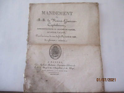 Monarchie - Mandement de Mr les Vicaires-Généraux-Cap. , Administrateurs du diocèse de Nantes,.., pour l'exécution du voeu du feu roi louis XIII, de glorieuse mémoire.