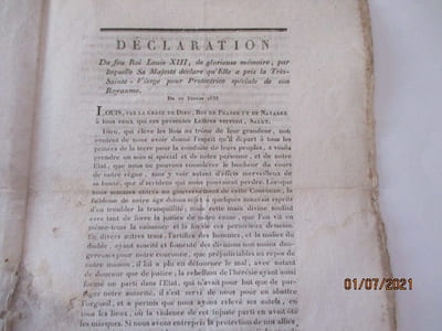 Monarchie - Mandement de Mr les Vicaires-Généraux-Cap. , Administrateurs du diocèse de Nantes,.., pour l'exécution du voeu du feu roi louis XIII, de glorieuse mémoire.