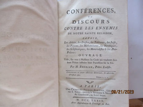 Religion - Conférences ou discours contre le Ennemis de Notre Sainte Religion, SAVOIR, les Athés, les Déistes, les Tolérants, les Juifs, les ...