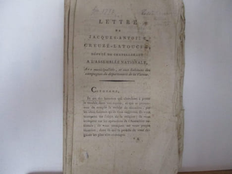 Lettre de Jacques Antoine Creuzé-Latouche, député de Chatellerault à l'Assemblée Nationale. Jacques Antoine Creuzé-Latouche