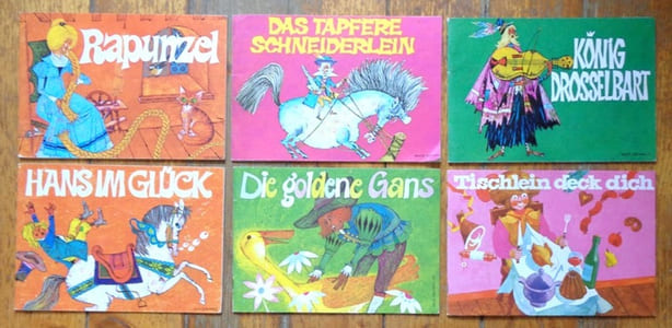 6 contes de Grimm. König Drosselbart - Tischlein deck dich - Rapunzel - Das tapfere Scheiderlein - Hans in Gluück - Die goldene Gans.