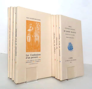 L'écrin secret du bibliophile. Le livre de volupté (Bab-Nameh) - Les chansons secrètes de Bilitis - Les confessions d'un perverti - A la Feuille de rose, maison turque - Les doléances du portier des Chartreux ou Les conseils de Dom Bougre. / Mylord Arosuillé ou Les bamboches - L'origine des Cons sauvages, la manière de les apprivoiser, le moyen de prédire toutes choses adevnir par icieux, Plus le bail à ferme desdits cons, avec les sens et les rentes et tout ce qui en dépend, Plus la source du gros fessier des nourrices et la raison pourquoi elles sont si fendues entre les jambes - Douze aventures érotiques du bossu Mayeux écrites par lui-même - Les préservatifs des dangers de l'amour à travers les âges.