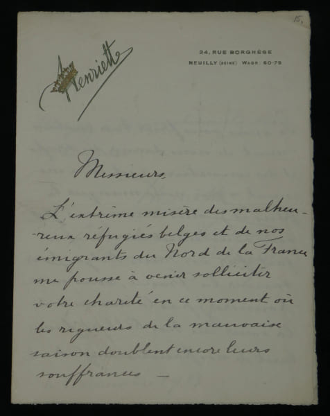 Henriette de Belgique - Lettre autographe sign&eacute;e WW1 R&eacute;fugi&eacute;s Roi Albert - 1914. Henriette de Belgique