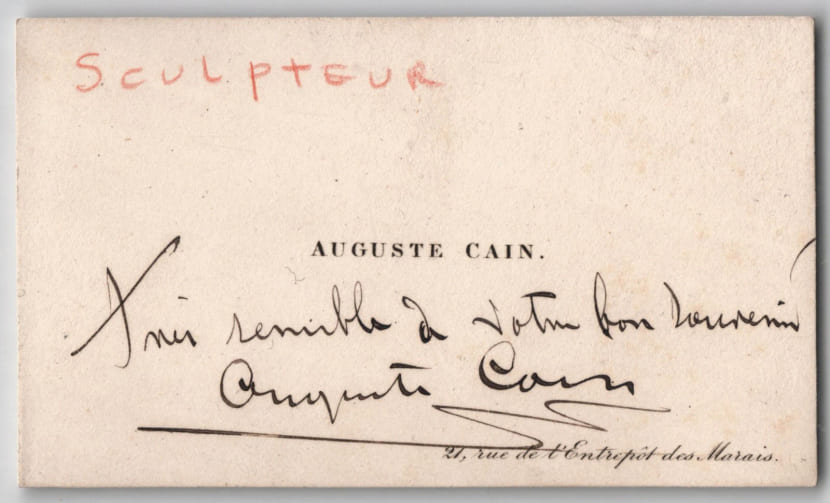 Auguste Cain - Carte de visite autographe - Remerciements - XIXe si&egrave;cle. Auguste Cain