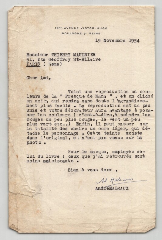 Andr&eacute; Malraux Lettre dactylographi&eacute;e sign&eacute;e &agrave; Thierry Maulnier Art de Nara 1954. Andr&eacute; MALRAUX