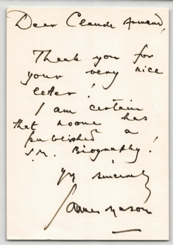 James Mason - LETTRE AUTOGRAPHE SIGN&Eacute;E &Agrave; Claude Armand grand collectionneur. James MASON