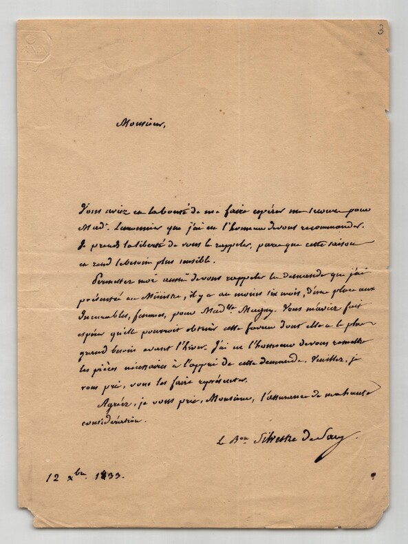 Silvestre de Sacy - Lettre autographe sign&eacute;e - Incurables - Orientalisme - 1833. Antoine-Isaac Silvestre de Sacy