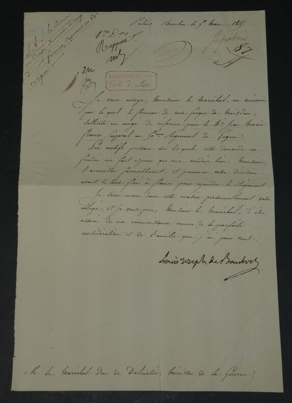 Louis V Joseph de Bourbon-Cond&eacute; - Lettre sign&eacute;e &agrave; M. le Mar&eacute;chal Duc de Dalmatie. Louis V Joseph de Bourbon-Cond&eacute;