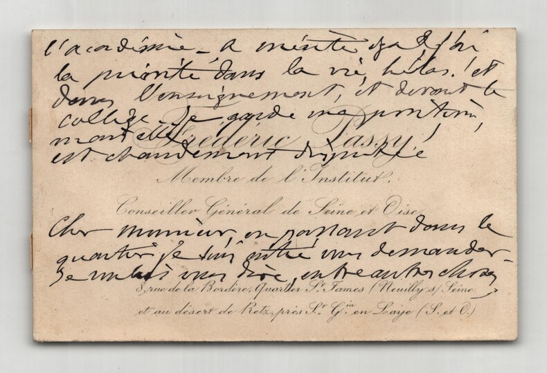 Fr&eacute;d&eacute;ric Passy - Carte de visite autographe - Candidature au coll&egrave;ge de France. Fr&eacute;d&eacute;ric PASSY