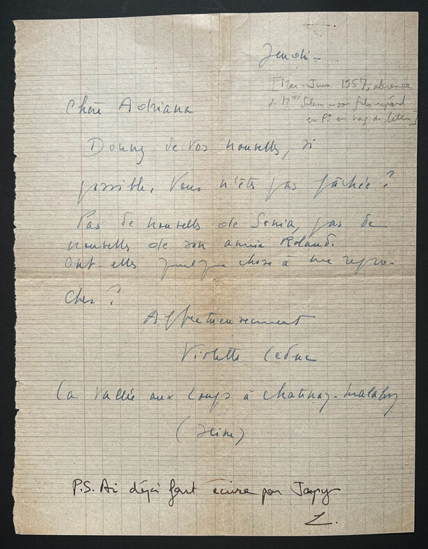 Violette LEDUC, Auteure - LETTRE AUTOGRAPHE SIGN&Eacute;E A Adriana SALEM. Violette LEDUC