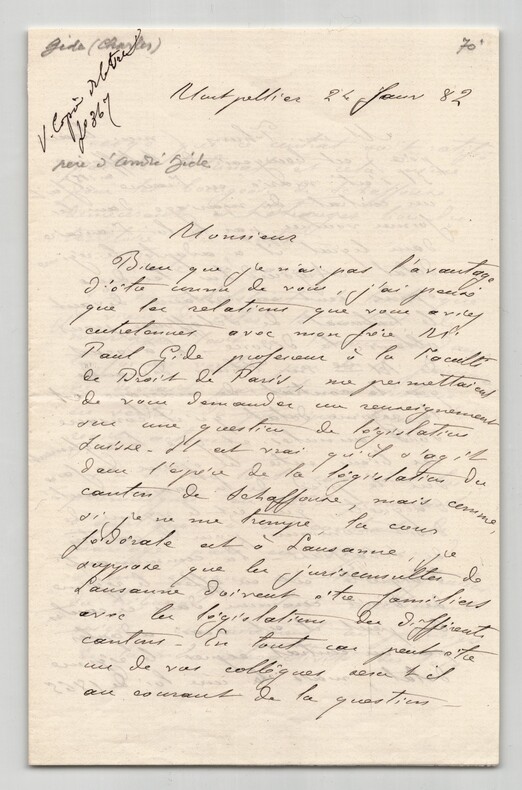 Charles Gide - Lettre autographe sign&eacute;e - 1882. Charles GIDE