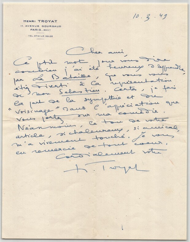 Henri Troyat - Lettre autographe sign&eacute;e &agrave; un ami - 1949. Henri TROYAT