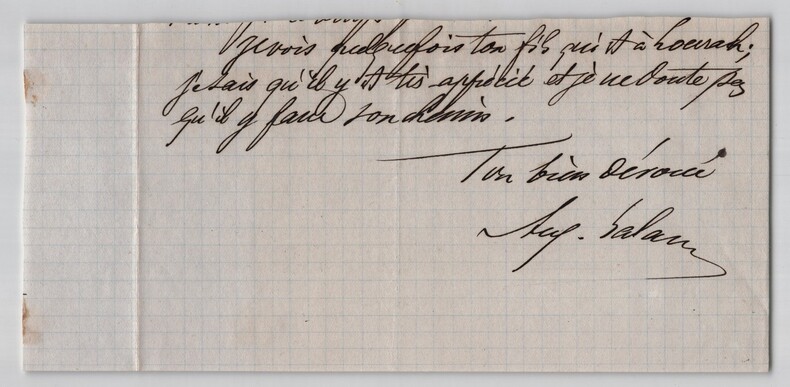 Auguste Lalance - Fragment de lettre autographe sign&eacute;. Auguste LALANCE