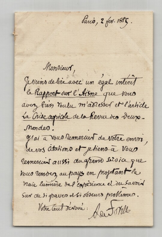 Alfred Fouill&eacute;e - Lettre autographe sign&eacute;e - Crise agricole & Aisne - Paris 1885. Alfred FOUILL&Eacute;E