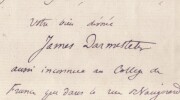 James Darmesteter - Lettre autographe sign&eacute;e "Inconnu au Coll&egrave;ge de France". James DARMESTETER
