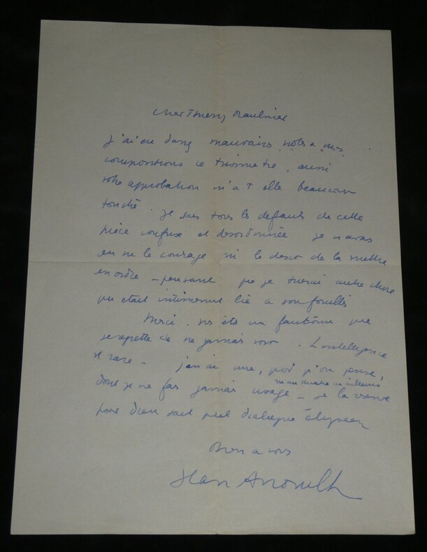 Jean Anouilh Lettre de jeunesse &agrave; Maulnier lucide sur une œuvre brouillonne 1930. Jean ANOUILH