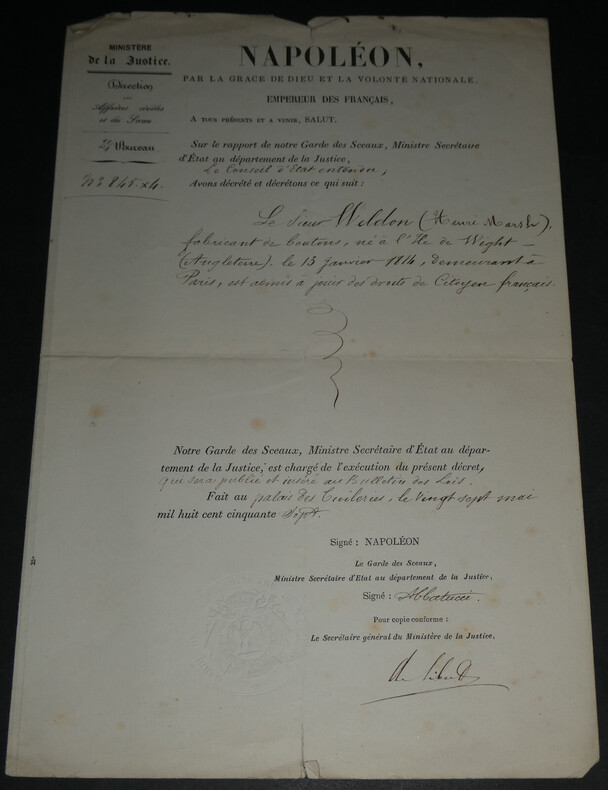 Napol&eacute;on, D&eacute;cret sign&eacute; Jacques Pierre Charles ABBATUCCI Famille corse  1857. Jacques Pierre Charles ABBATUCCI
