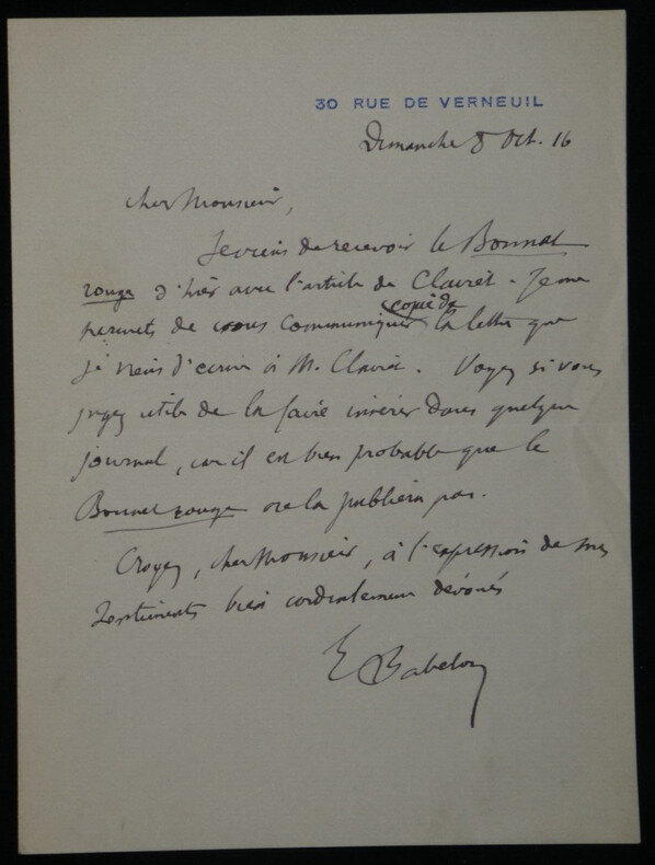 Ernest BABELON - Lettre autographe sign&eacute;e publication P&eacute;riodique "Bonnet Rouge". Ernest BABELON