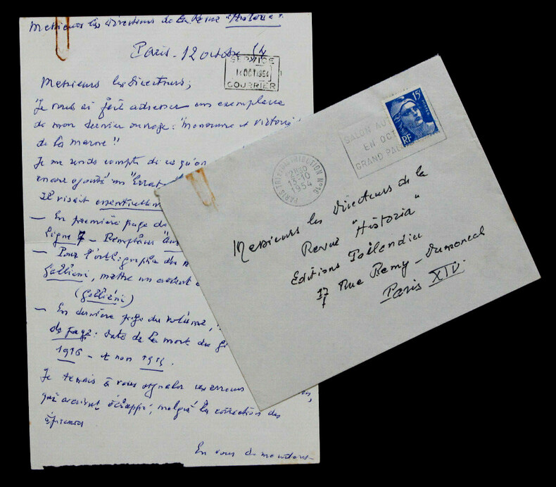 Maurice GAMELIN - LETTRE AUTOGRAPHE SIGN&Eacute;E AUX DIRECTEURS DE LA REVUE HISTORIA. Maurice GAMELIN