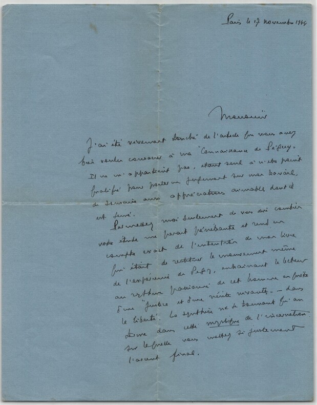 Jean Delaporte - Lettre autographe sign&eacute;e &agrave; Maulnier CONNAISSANCE DE PEGUY 1944. Jean DELAPORTE