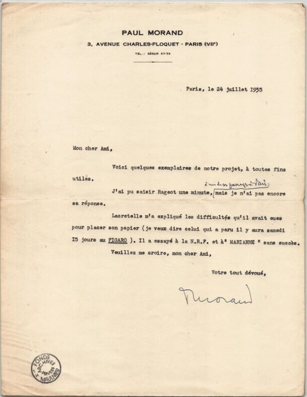 Paul Morand - Lettre dactylographi&eacute;e sign&eacute;e &agrave; Thierry Maulnier - 1935. Paul MORAND