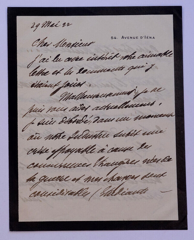 &Eacute;mile DEUTSCH DE LA MEURTHE - BELLE LETTRE AUTOGRAPHE SIGN&Eacute;E DU 29 MAI 1922. &Eacute;mile DEUTSCH DE LA MEURTHE