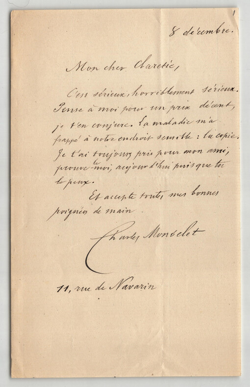 Charles Monselet - Lettre autographe sign&eacute;e &agrave; Jules Clar&eacute;tie "C'est s&eacute;rieux". Charles MONSELET