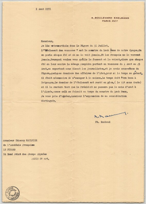 Philippe Rambaud - Lettre dactylographi&eacute;e sign&eacute;e &agrave; Thierry Maulnier - 1971. Philippe RAMBAUD