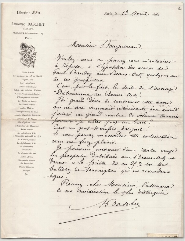 Ludovic Baschet - Lettre autographe sign&eacute;e - Dictionnaire des Beaux Arts - 1886. Ludovic BASCHET