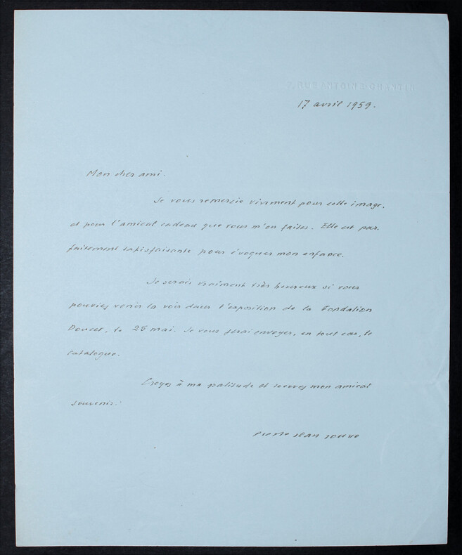 Pierre Jean JOUVE - LETTRE AUTOGRAPHE SIGN&Eacute;E REMERCIEMENTS & INVITATION, 1959. Pierre Jean JOUVE