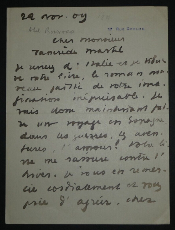 Abel BONNARD, Ancien ministre de l'&eacute;ducation - LETTRE AUTOGRAPHE SIGN&Eacute;E, 1909. Abel BONNARD