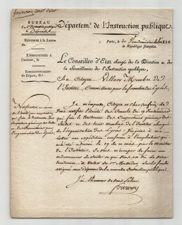Antoine Fran&ccedil;ois Fourcroy - LETTRE AUTOGRAPHE SIGN&Eacute;E le 12 octobre 1802. Antoine Fran&ccedil;ois FOURCROY